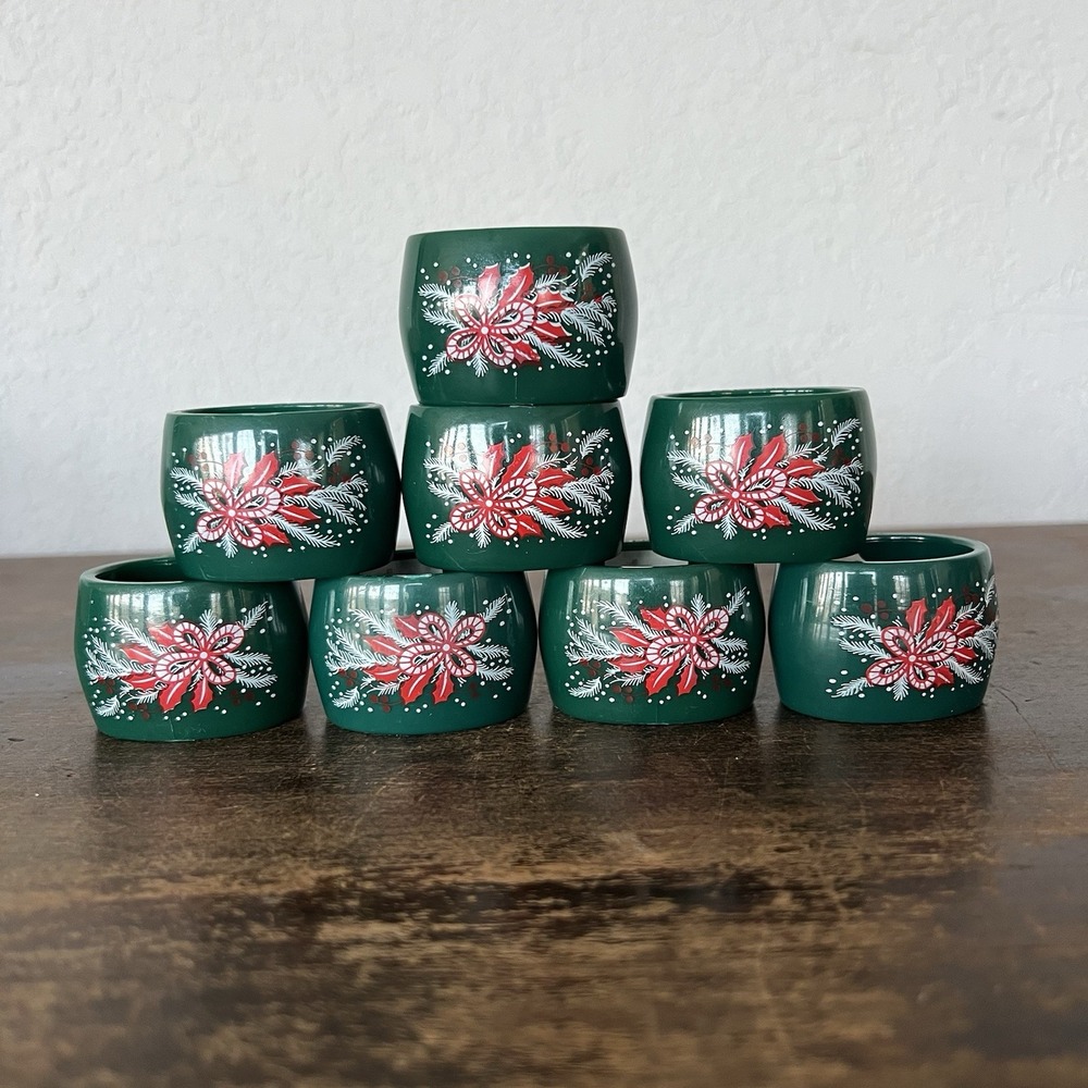 8‎ Vtg MCM Green Christmas HOLIDAY RETRO NAPKIN RINGS Reed Hong Kong Plastic